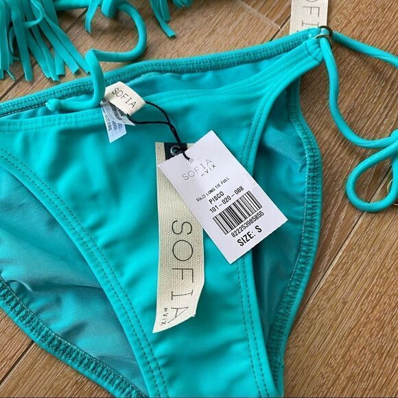 SOFIA By Vix-Teal Fringe Top and Side Tie Bottoms Bikini (Size:Small) - Picture 10 of 15